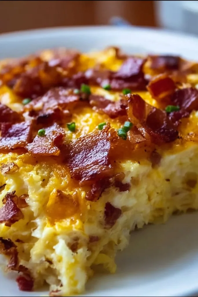 Delicious bacon egg hashbrown casserole baked to perfection