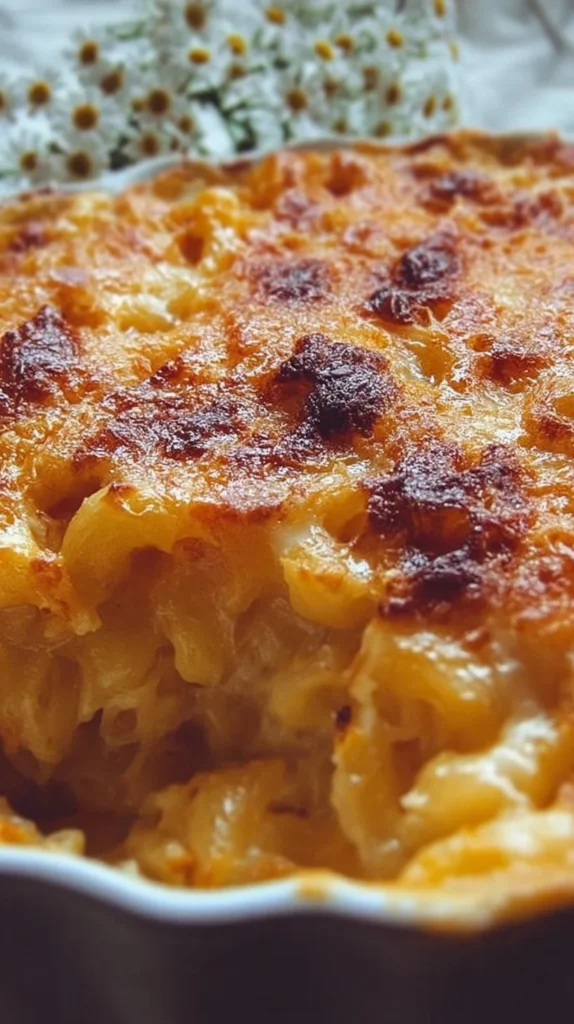 Delicious easy baked mac and cheese served in a creamy cheese sauce