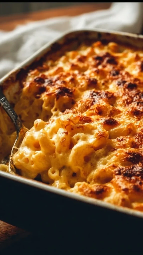 Delicious Easy Baked Mac & Cheese fresh from the oven, creamy and cheesy