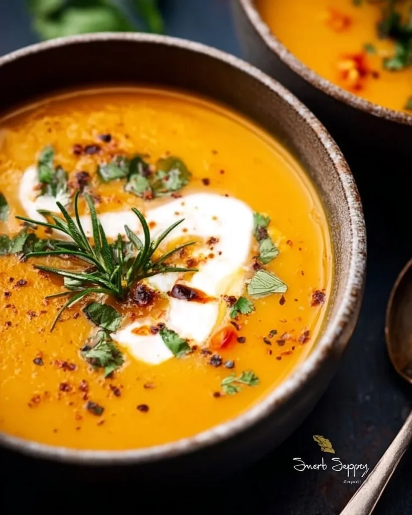 Bowl of easy butternut squash and sweet potato soup topped with herbs.