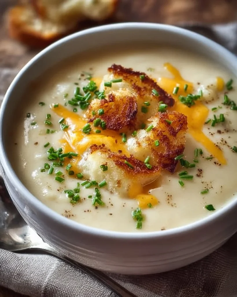 Bowl of easy cheesy potato soup garnished with cheese and herbs