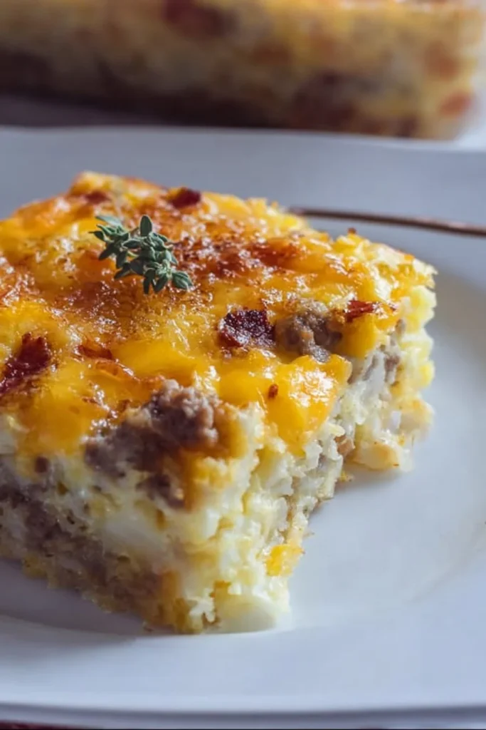Easy sausage hashbrown breakfast casserole served in a baking dish