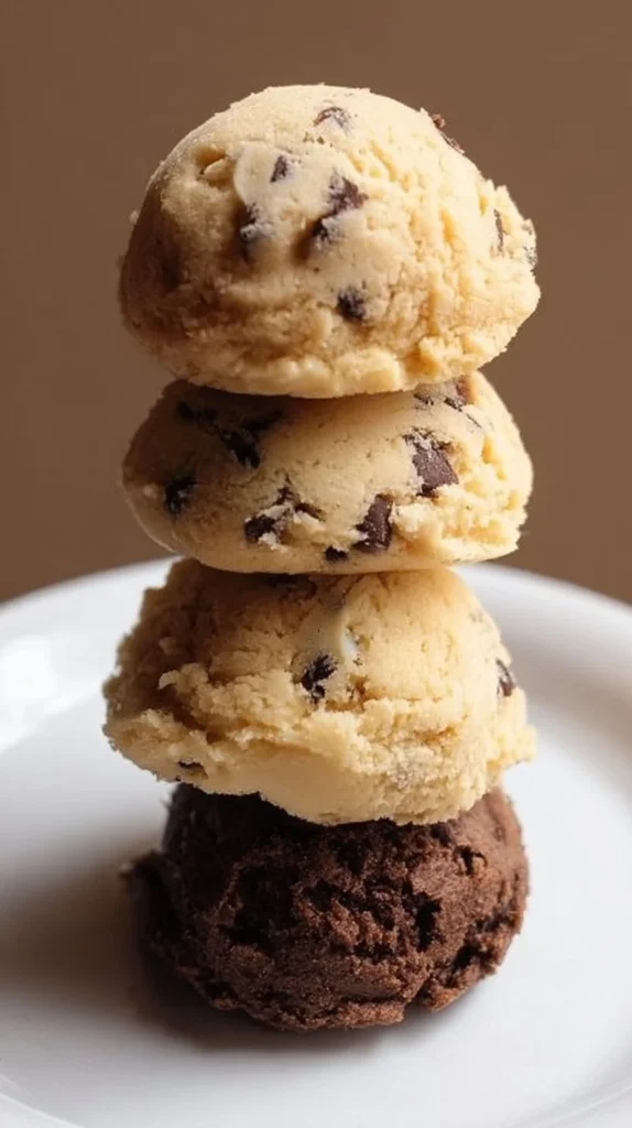 Bowl of edible cookie dough with chocolate chips on a wooden table