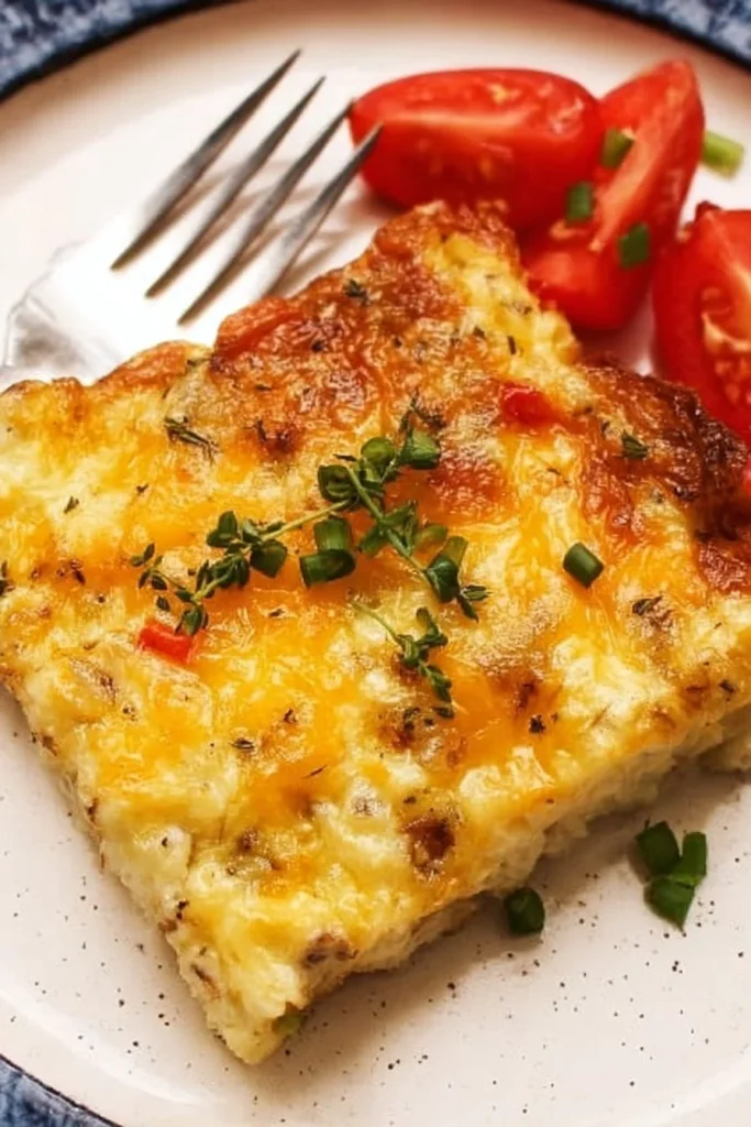A delicious Egg Hashbrown Casserole topped with cheese and herbs, perfect for breakfast.