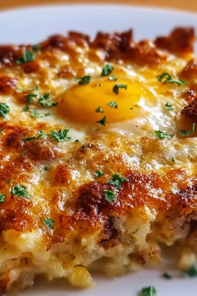 Delicious Egg Hashbrown Casserole served in a baking dish, perfect for breakfast.