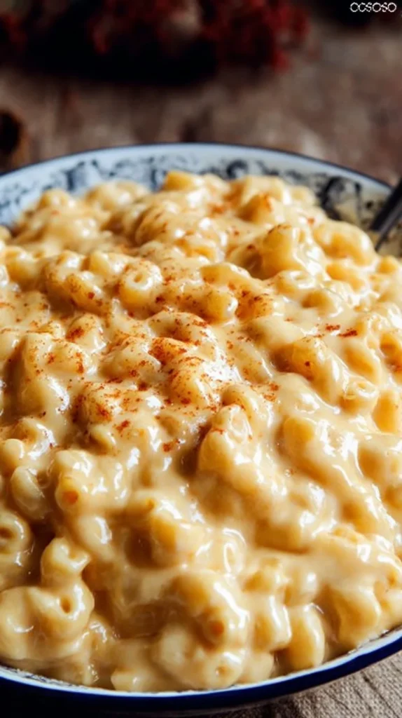Bowl of extra creamy classic mac and cheese topped with breadcrumbs.