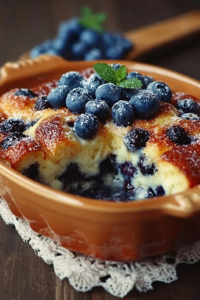 Fluffy blueberry pancake casserole baked to perfection with fresh blueberries.