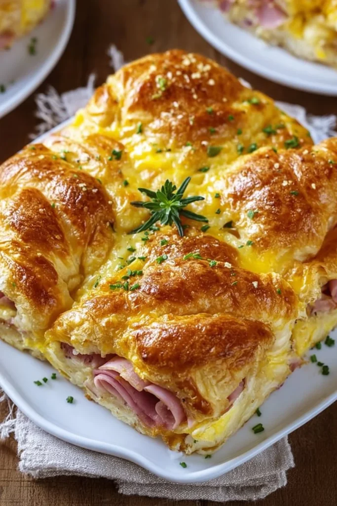 Ham and cheese croissant breakfast casserole fresh out of the oven