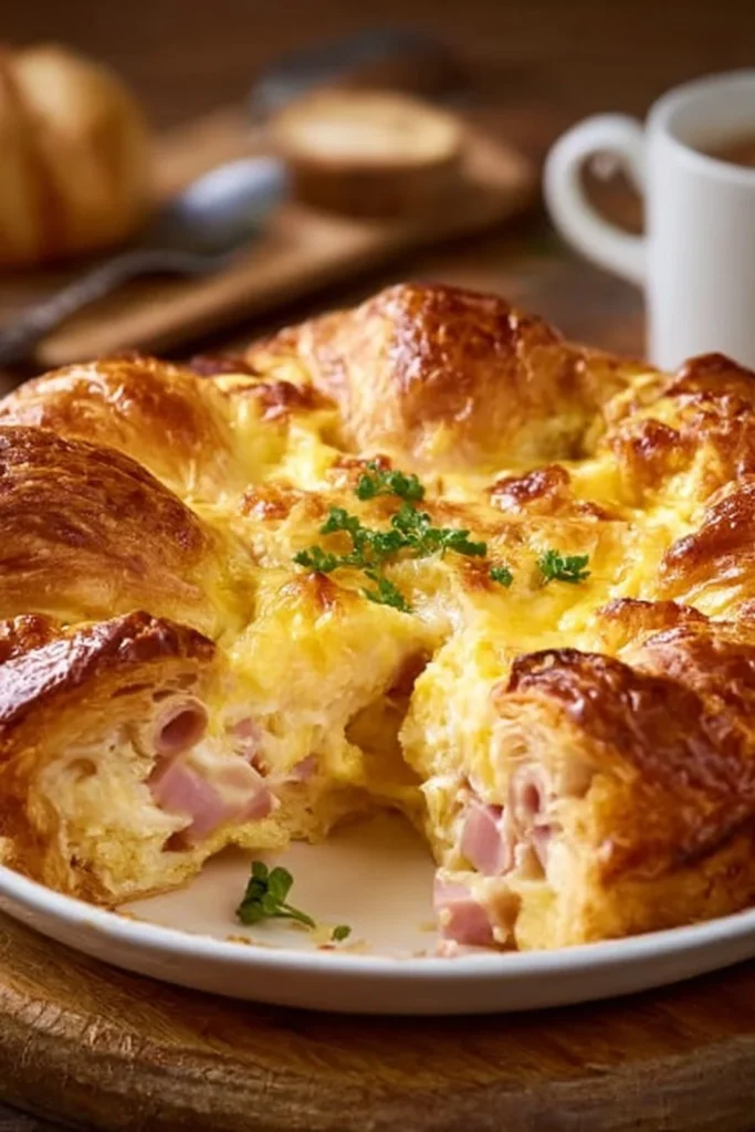 Ham and cheese croissant breakfast casserole served in a baking dish