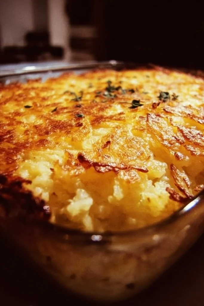 Delicious Hashbrown Casserole topped with cheese and crispy edges