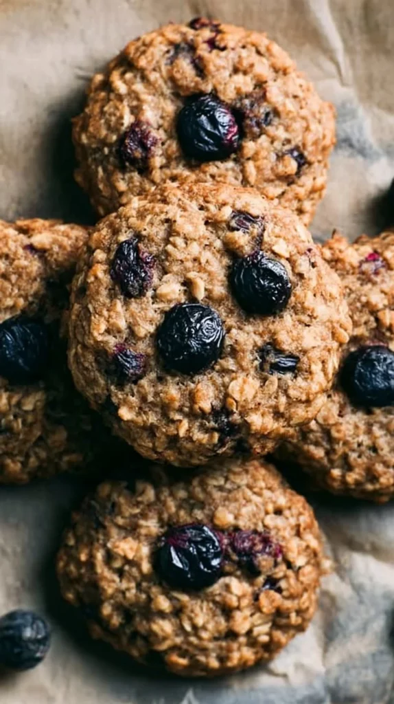 Healthy blueberry oatmeal cookies fresh out of the oven on a cooling rack.