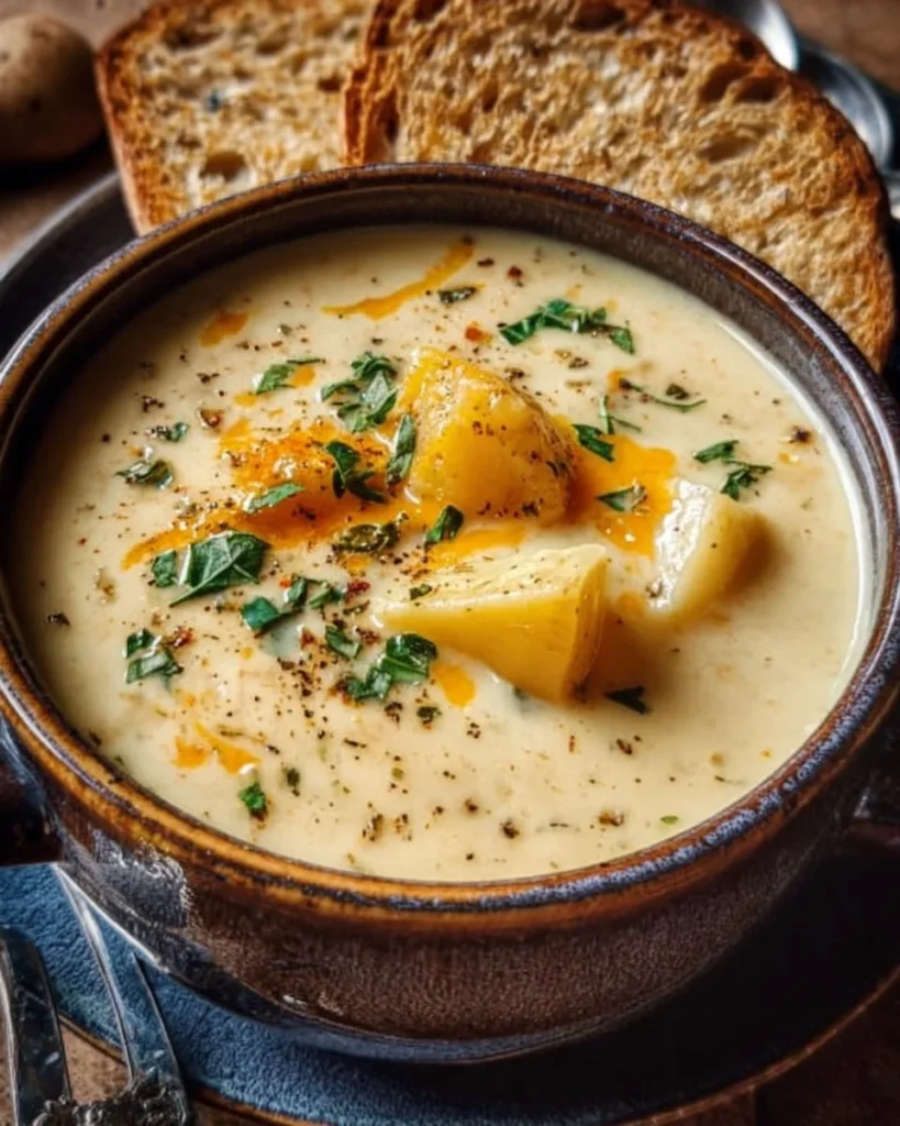 Bowl of hearty cheddar garlic herb potato soup topped with fresh herbs.