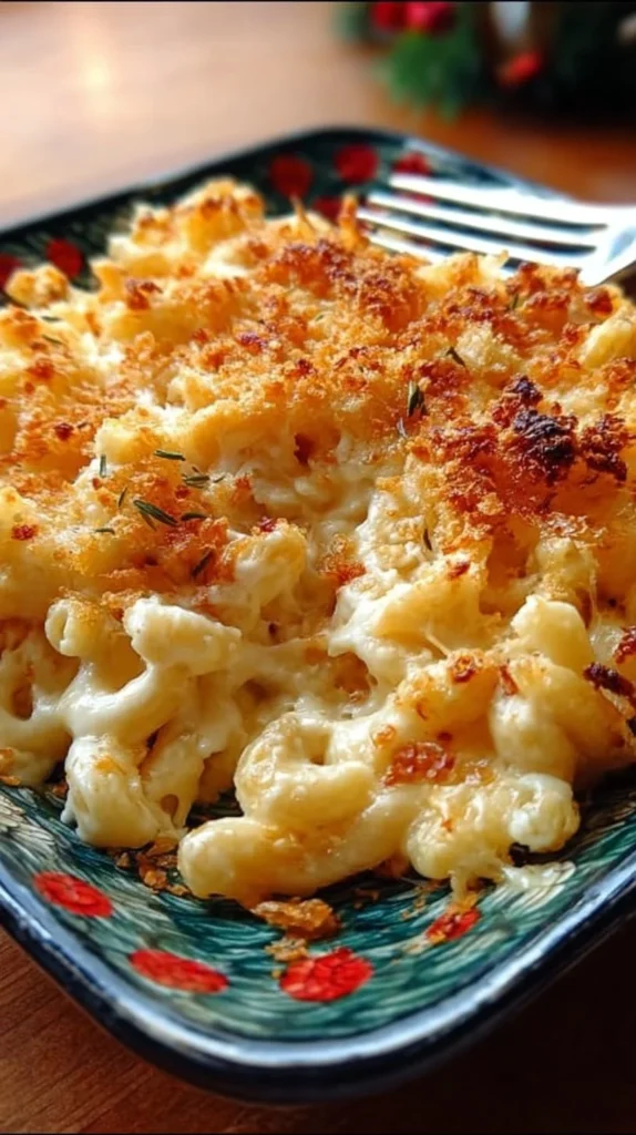 A bowl of creamy homemade mac and cheese topped with breadcrumbs and cheese