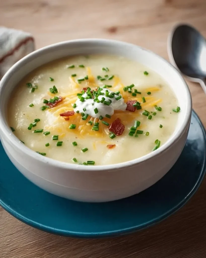 Bowl of creamy homemade potato soup topped with herbs and crispy bacon
