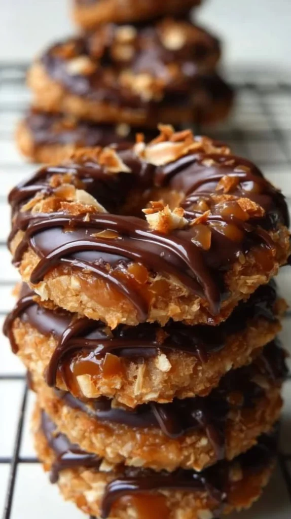 Homemade Samoas cookies topped with chocolate and caramel on a wooden plate
