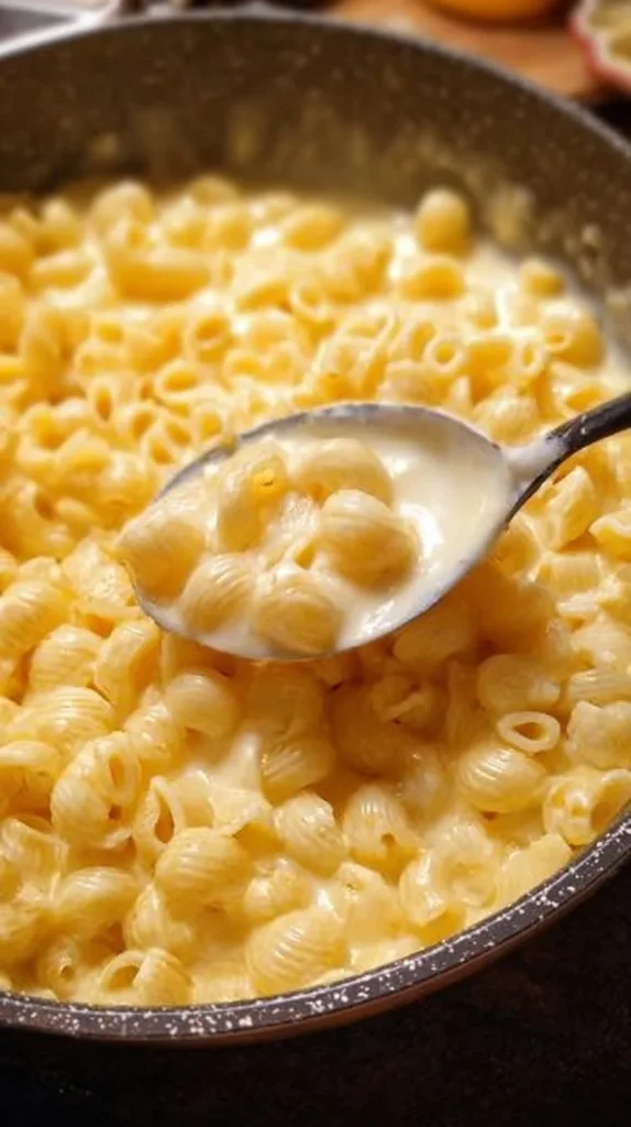 Creamy homemade stovetop macaroni and cheese served in a white bowl with garnish.