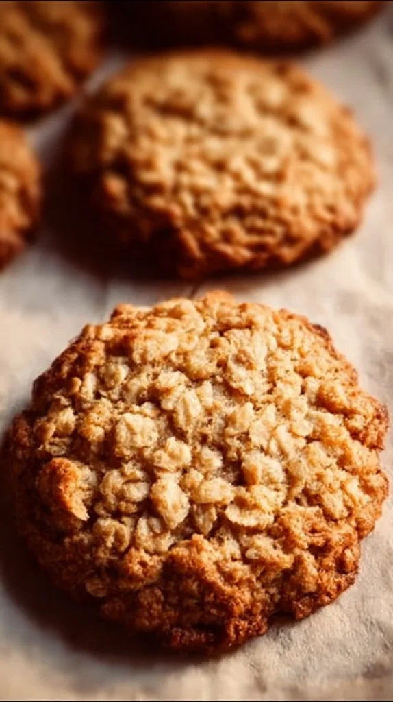 Baked honey oatmeal cookies on a wooden table with honey drizzle on top