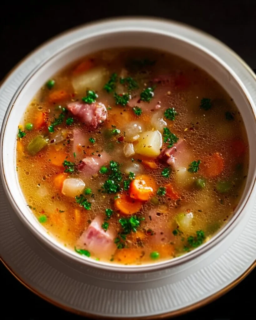 A bowl of hot ham soup garnished with herbs and served with bread