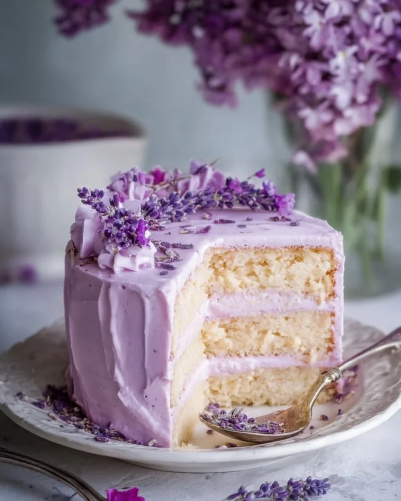 Lavender Cake with Lavender Buttercream Frosting on a white plate