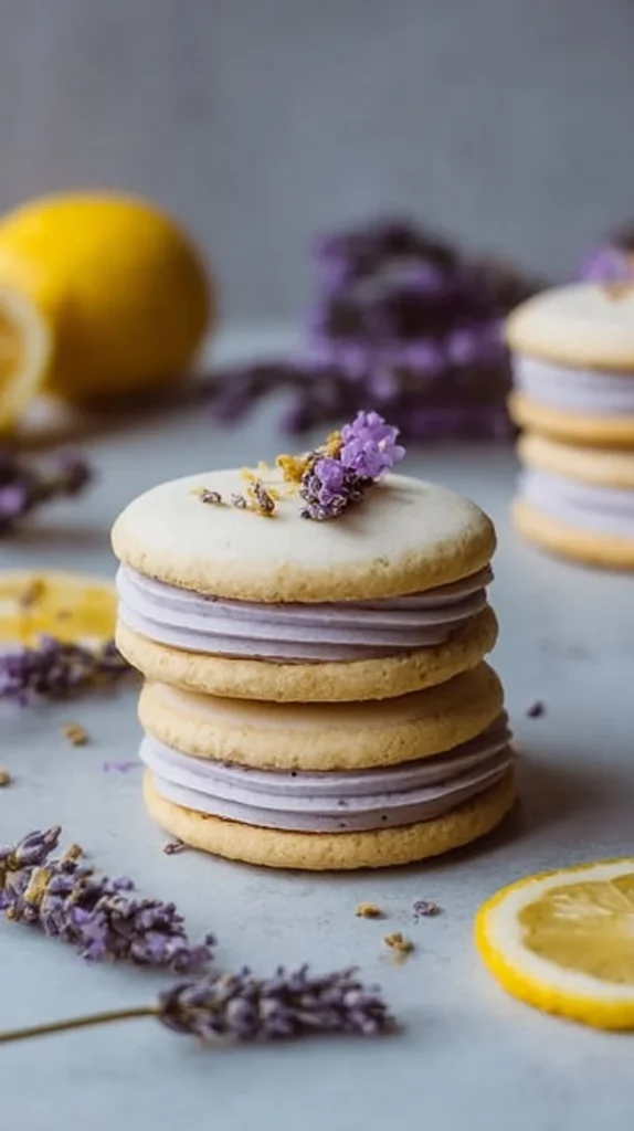 Delicious Lemon Lavender Sandwich Cookies stacked on a plate