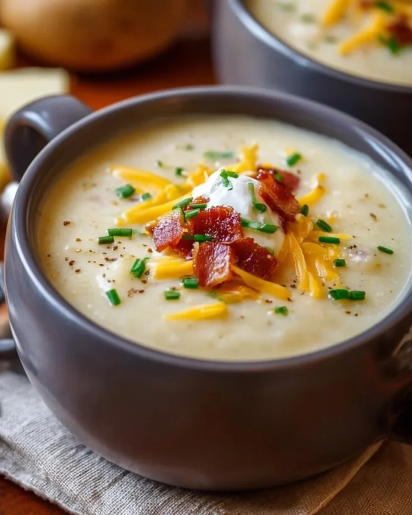 Delicious loaded baked potato soup topped with cheese, bacon, and green onions