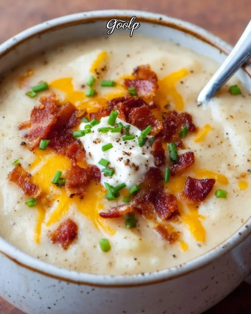 Bowl of loaded baked potato soup topped with cheese and chives