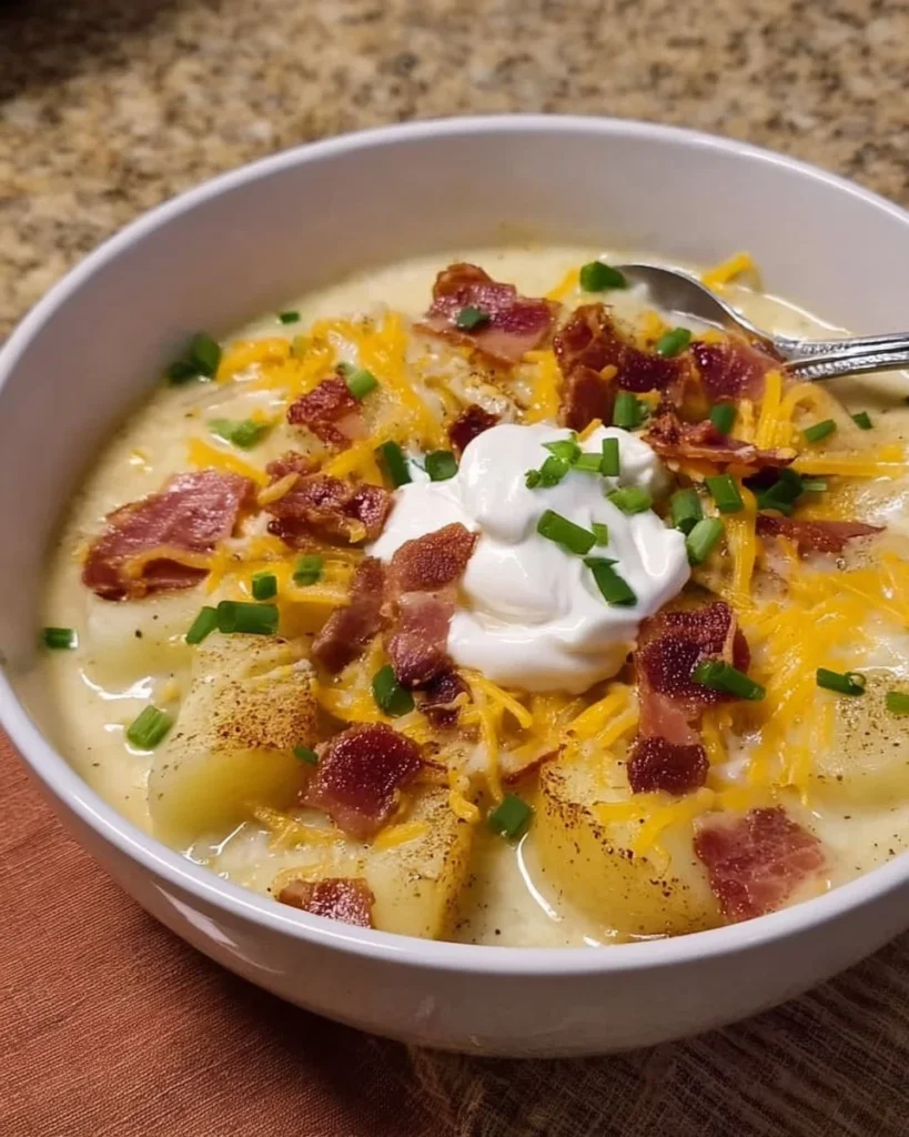 Creamy loaded baked potato soup topped with cheese, bacon, and green onions in a bowl.