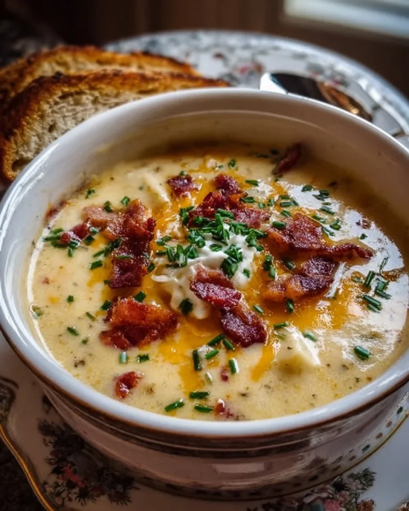 Bowl of loaded baked potato soup topped with cheese and green onions