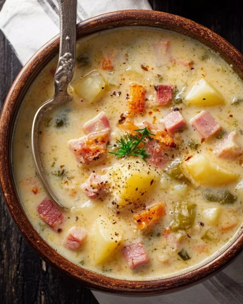 Delicious one-pot ham and potato soup in a bowl topped with parsley.