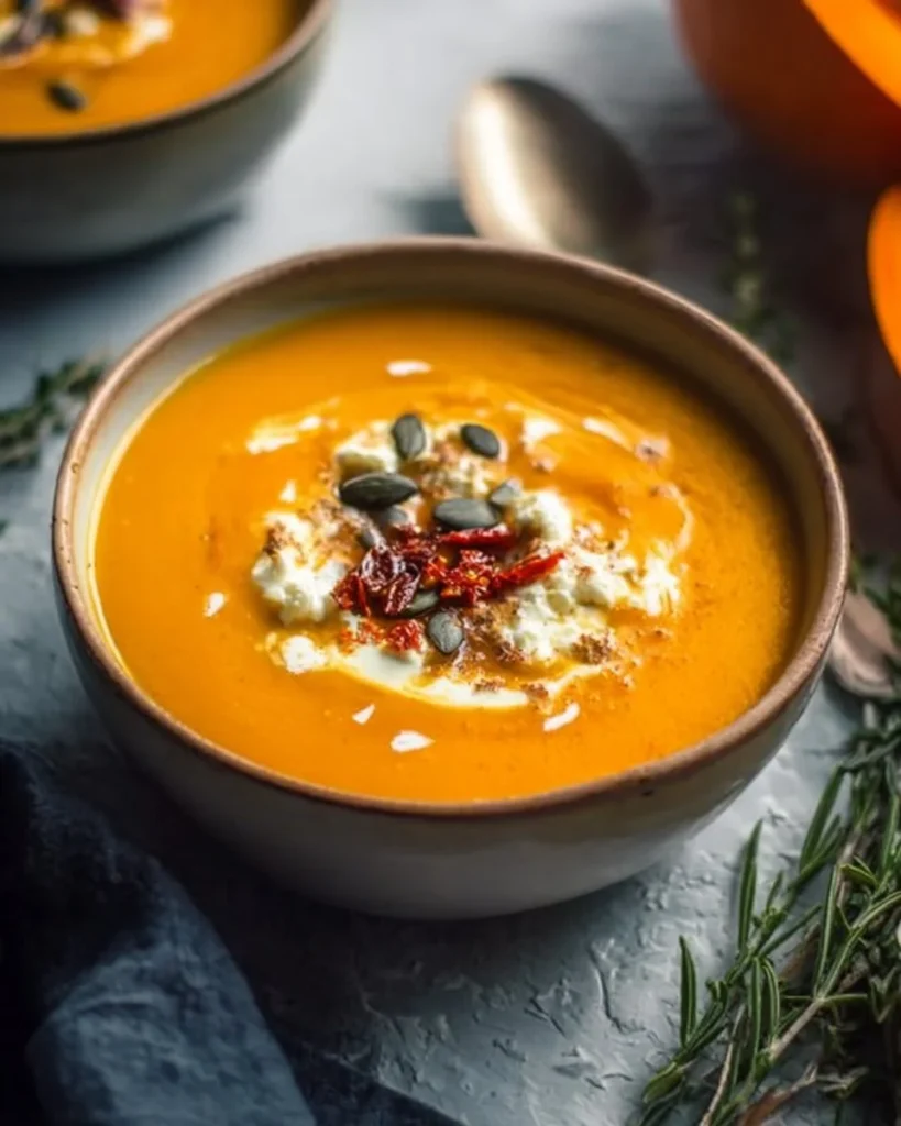Bowl of savory pumpkin and sweet potato soup garnished with herbs.