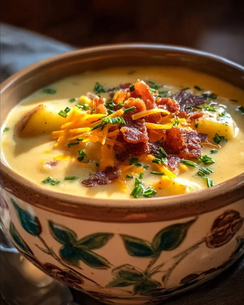 Bowl of creamy Outback potato soup garnished with green onions