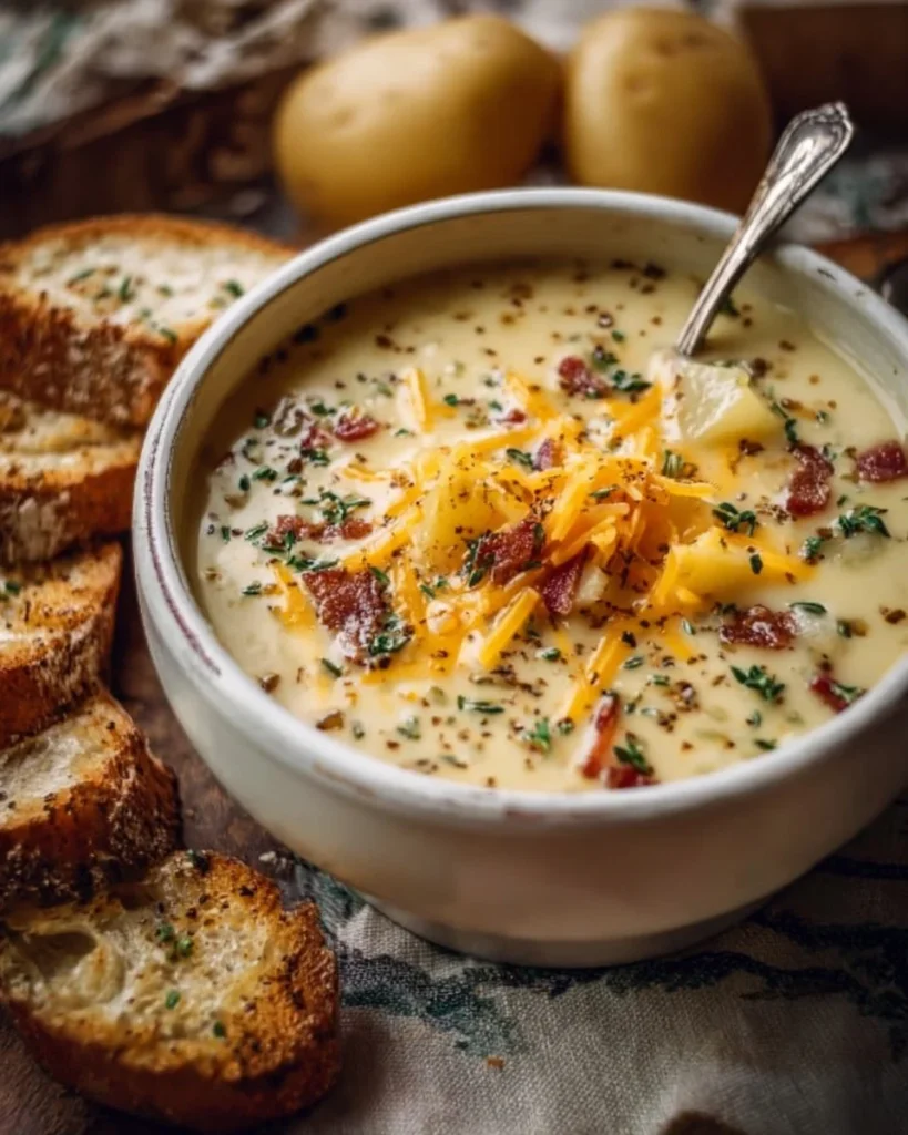 Bowl of Outback Potato Soup topped with green onions and cheese