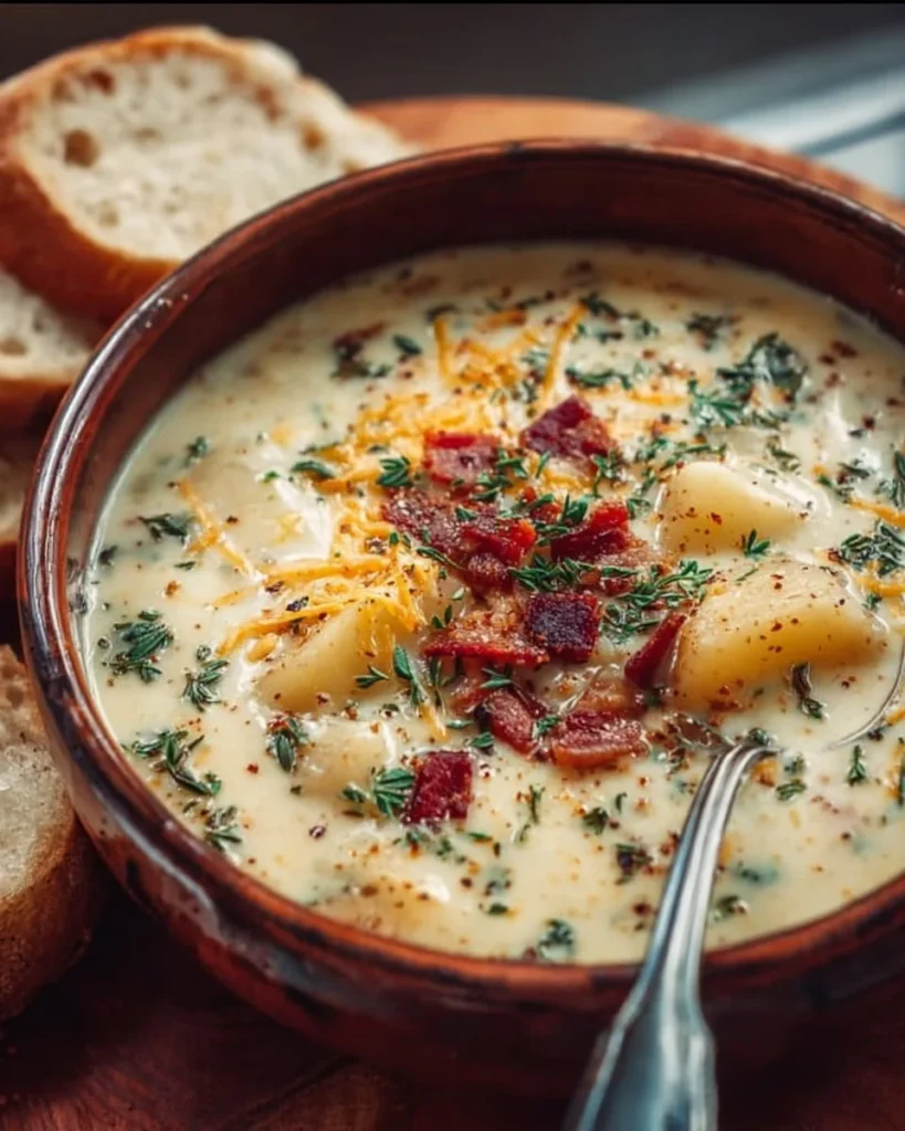 Creamy Outback potato soup recipe in a bowl garnished with chives