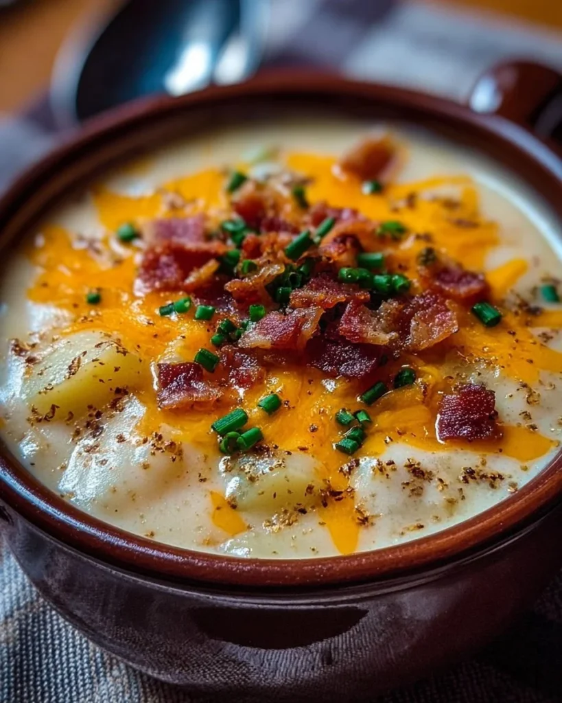 Bowl of loaded baked potato soup inspired by Outback Steakhouse recipe