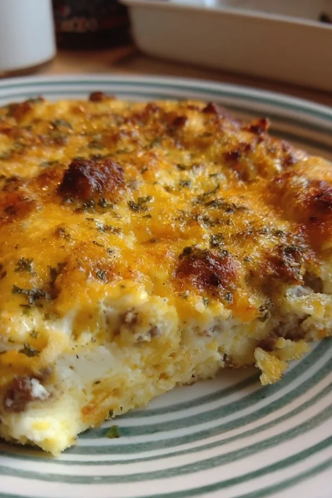 Delicious overnight breakfast casserole ready to be served in a baking dish.
