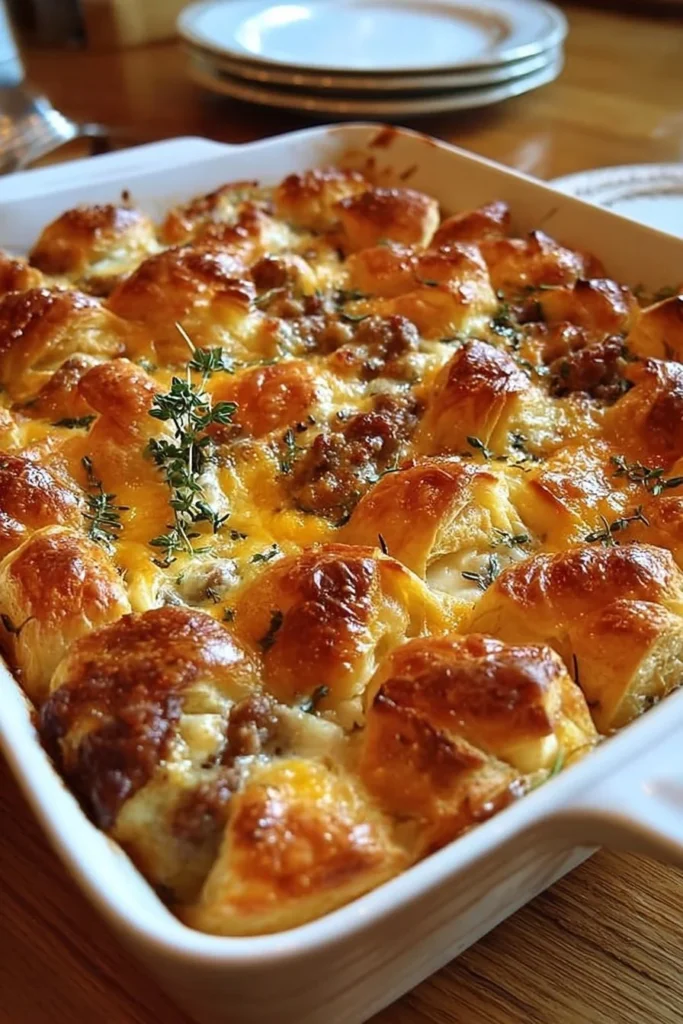 Delicious overnight croissant breakfast casserole baked with eggs and cheese.