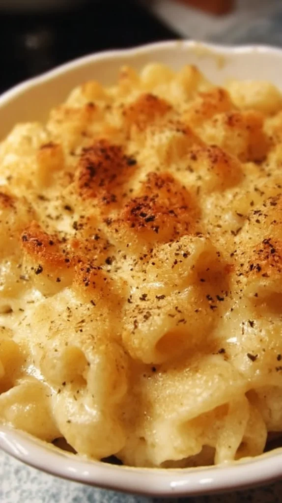 Bowl of Panera Mac and Cheese topped with a sprinkle of cheese and herbs