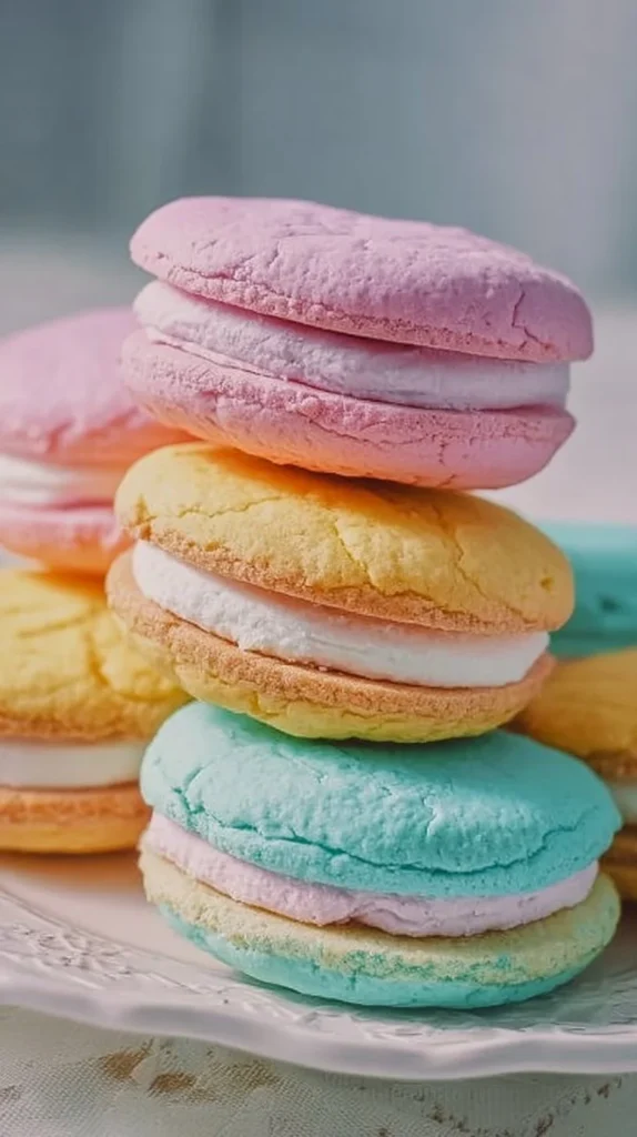 Colorful pastel sugar cookie sandwiches stacked on a plate