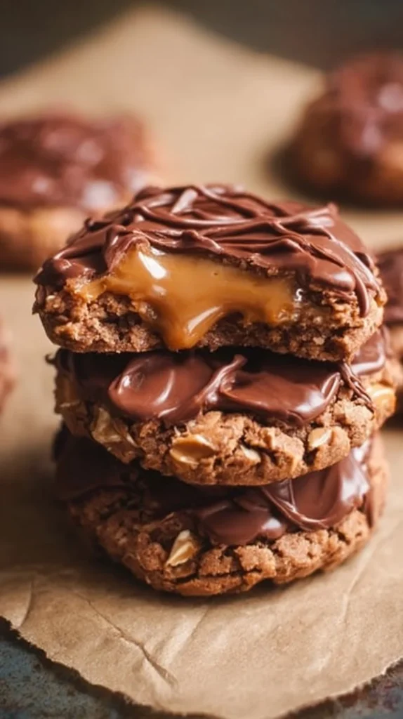 Peanut Butter Chocolate Caramel Cookies stacked on a plate