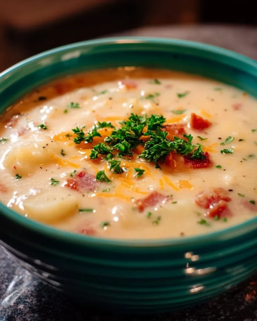 Bowl of Pioneer Woman potato soup topped with green onions and bacon.