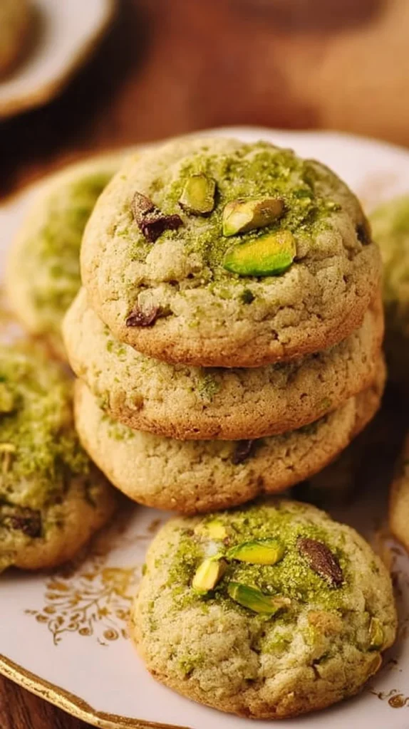 Pistachio cream cookies on a plate, showcasing their vibrant green color and creamy texture.