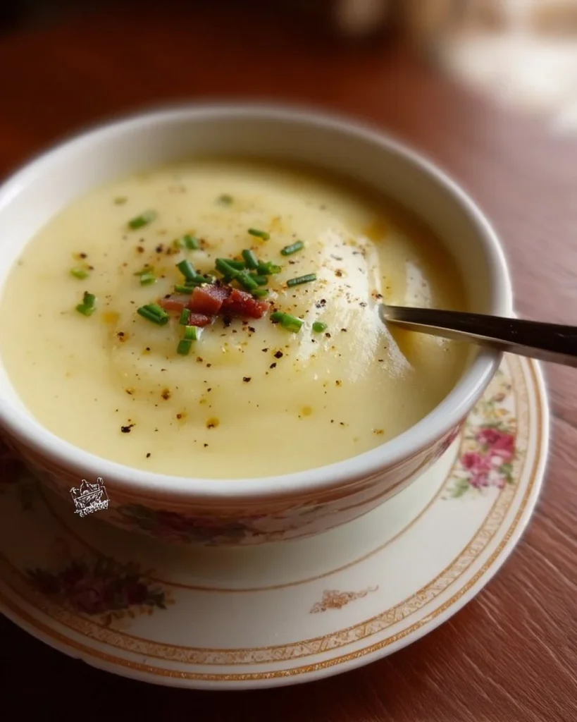 Bowl of creamy Potato Leek Soup garnished with herbs on a wooden table