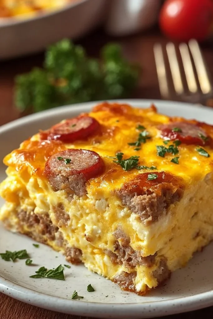 Delicious Sausage and Egg Casserole served in a baking dish