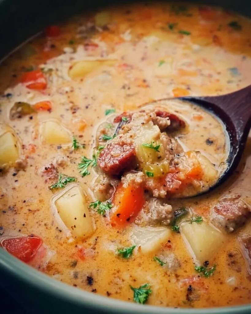 Bowl of Sausage Potato Soup garnished with fresh herbs