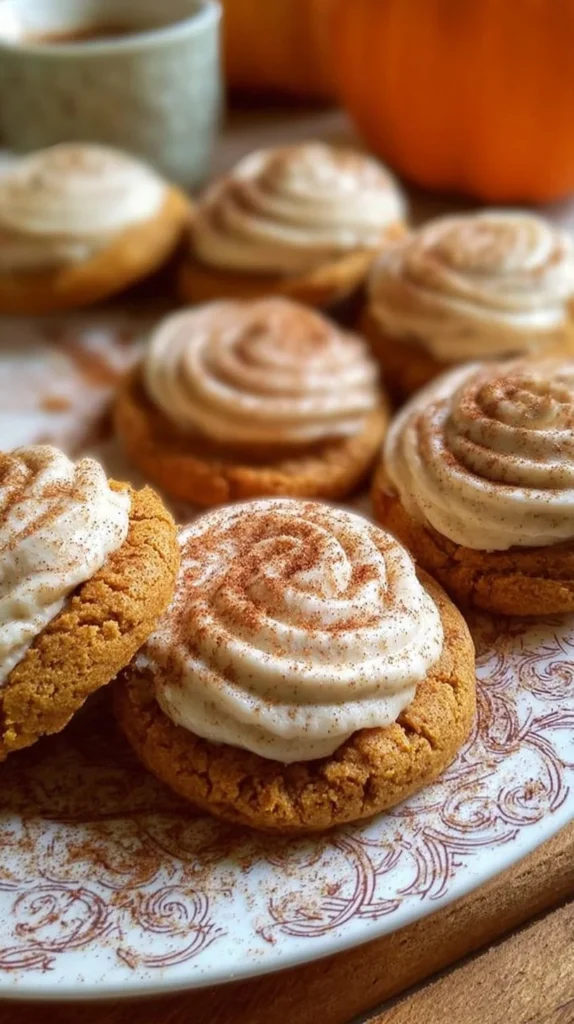 Soft pumpkin cookies with cinnamon frosting on a decorative plate