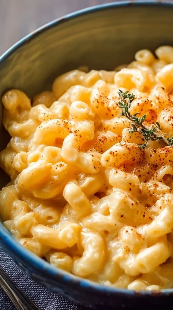 Creamy stovetop macaroni and cheese in a bowl, garnished with herbs