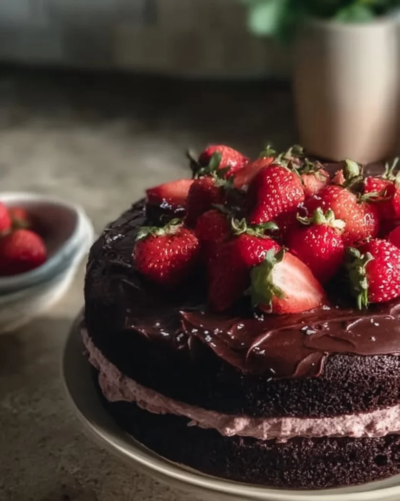 Decadent strawberry chocolate cake topped with fresh strawberries and chocolate drizzle