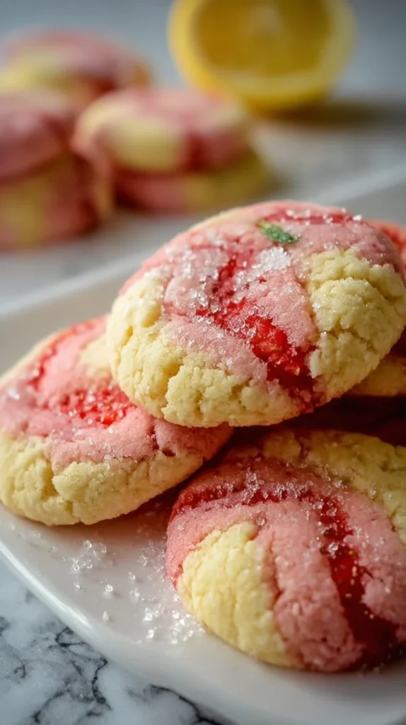 Delicious strawberry lemonade cookies with lemon glaze and fresh strawberries