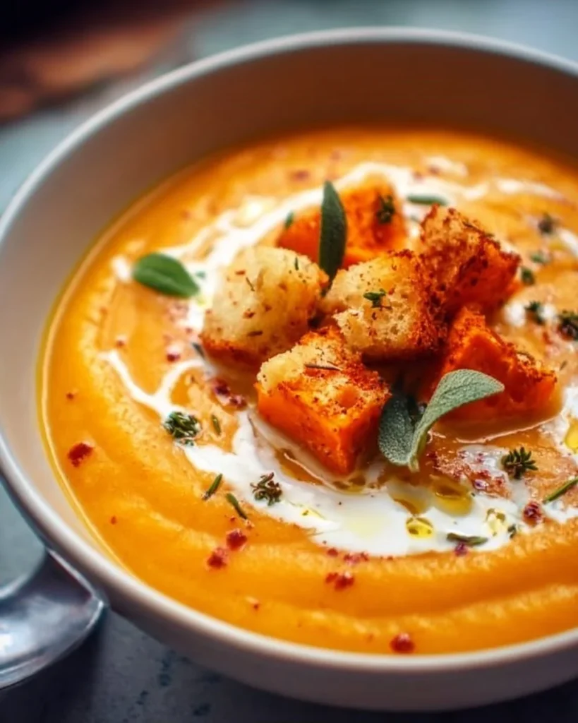 Bowl of sweet potato and apple soup garnished with fresh herbs