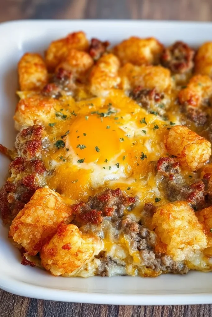 Tater Tot Sausage Breakfast Casserole served on a plate, delicious and hearty meal